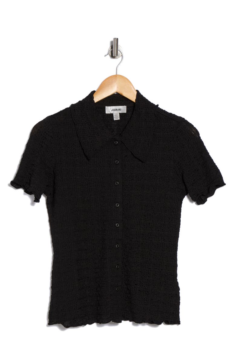 JASON WU Smocked Short Sleeve Button-Up Shirt, Alternate, color, Black