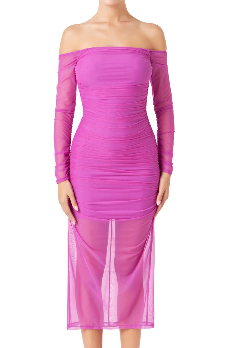 Endless Rose Long Sleeve Off the Shoulder Mesh Midi Body-Con Dress, Alternate, color, Berry