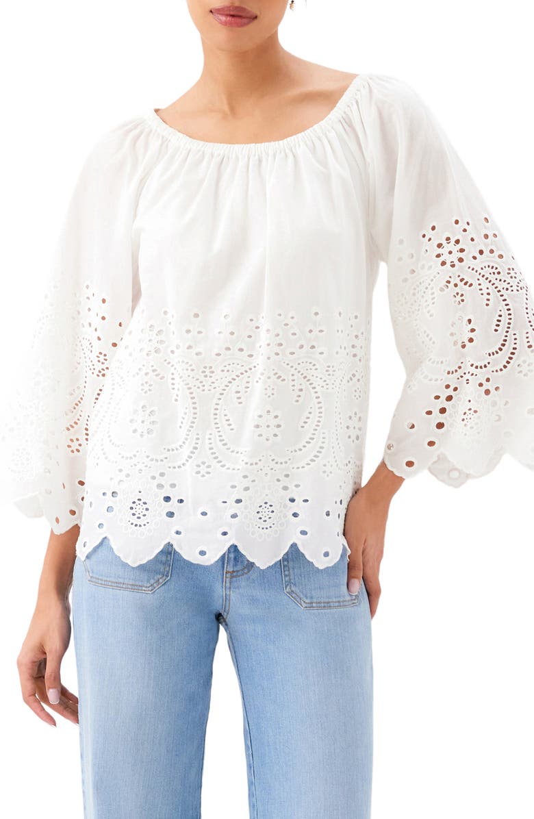 Karen Kane Eyelet Embroidery Woven Shirt, Main, color, Off White