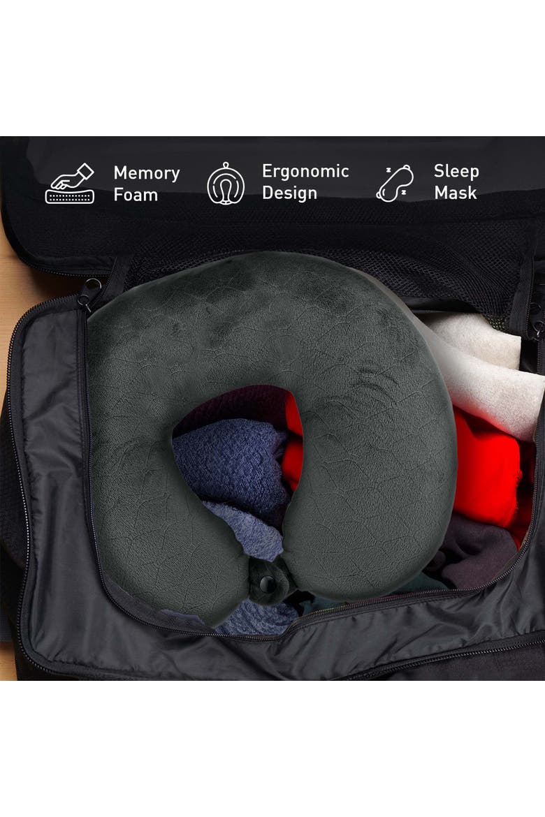 Mindful Traveler Bundle Memory Foam Travel Pillow with Sleep Mask & Purtag Tracker, Alternate, color, Grey