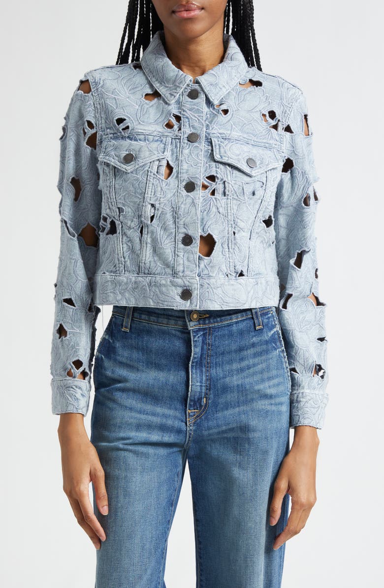 Alice + Olivia Chloe Eyelet Embroidered Denim Jacket, Main, color, Rockstar Blue