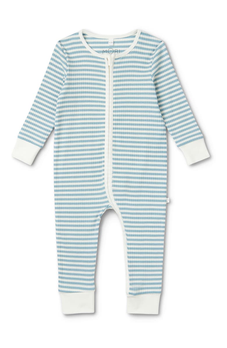 MORI Ribbed Stripe Two Way Zip-Up Sleepsuit, Main, color, Sea Stripe