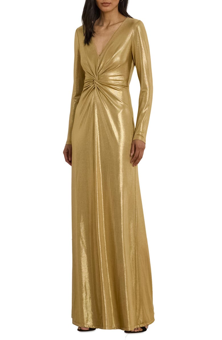 Lauren Ralph Lauren Nadira Metallic Long Sleeve Jersey Gown, Main, color, Relic Gold/ Gold Foil