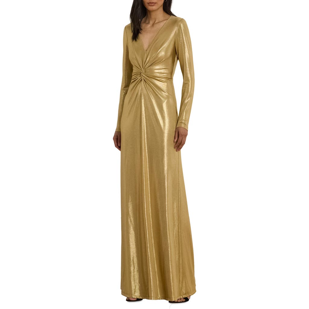 Ralph Lauren Lauren Nadira Metallic Long Sleeve Jersey Gown In Gold