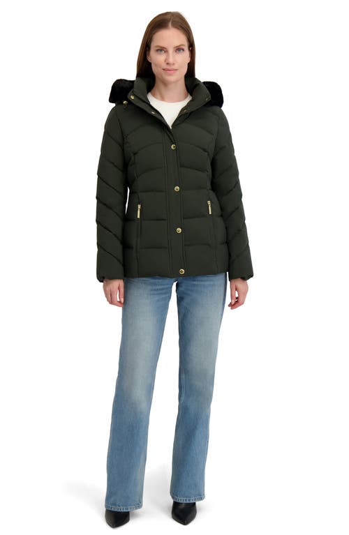 Laundry By Shelli Segal Short Puffer With Faux Fur Trim Hood In Green