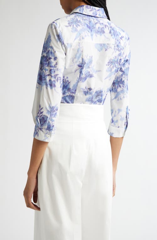 Carolina Herrera Blur Floral Button-down Icon Blouse In Ivory/blue