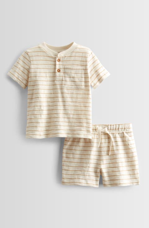 Stripe Short Sleeve Henley & Drawstring Shorts Set (Baby)