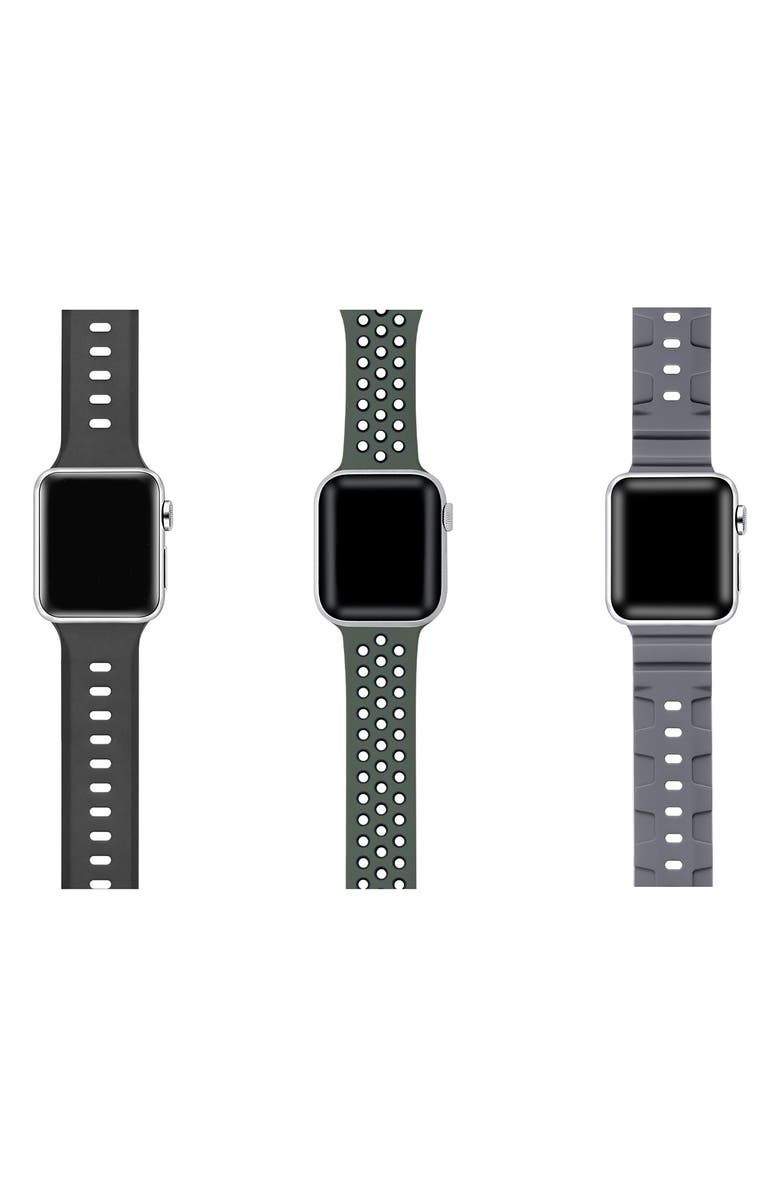 The Posh Tech Assorted 3-Pack Silicone Apple Watch<sup>®</sup> Watchbands, Alternate, color, Black/ Green/ Grey