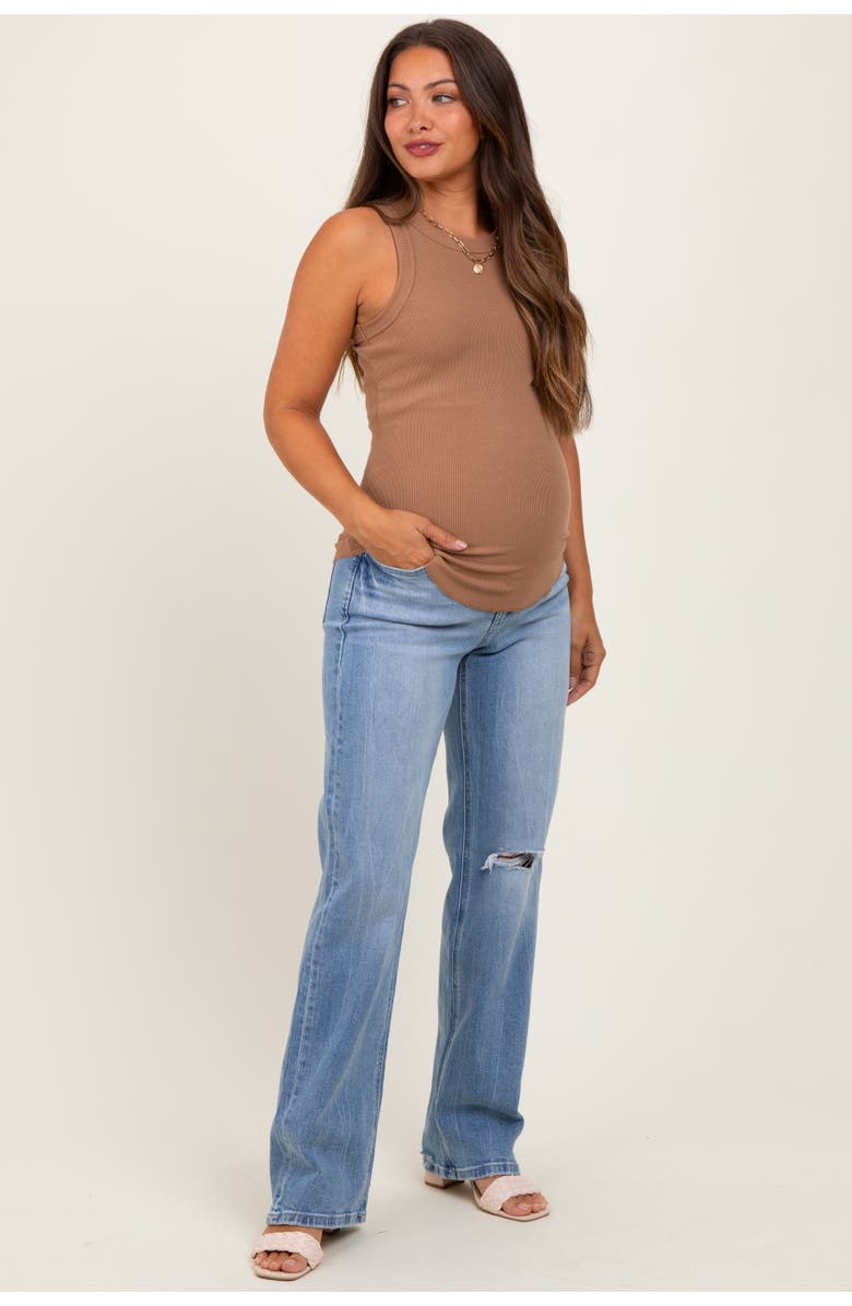 PinkBlush Distressed Knee Slim Fit Wide Leg Maternity Jeans, Alternate, color, Light Blue