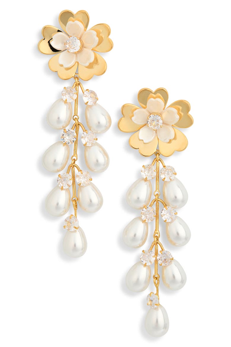 Nicole Flower Faux Pearl Drop Earrings, Main, color, GOLD