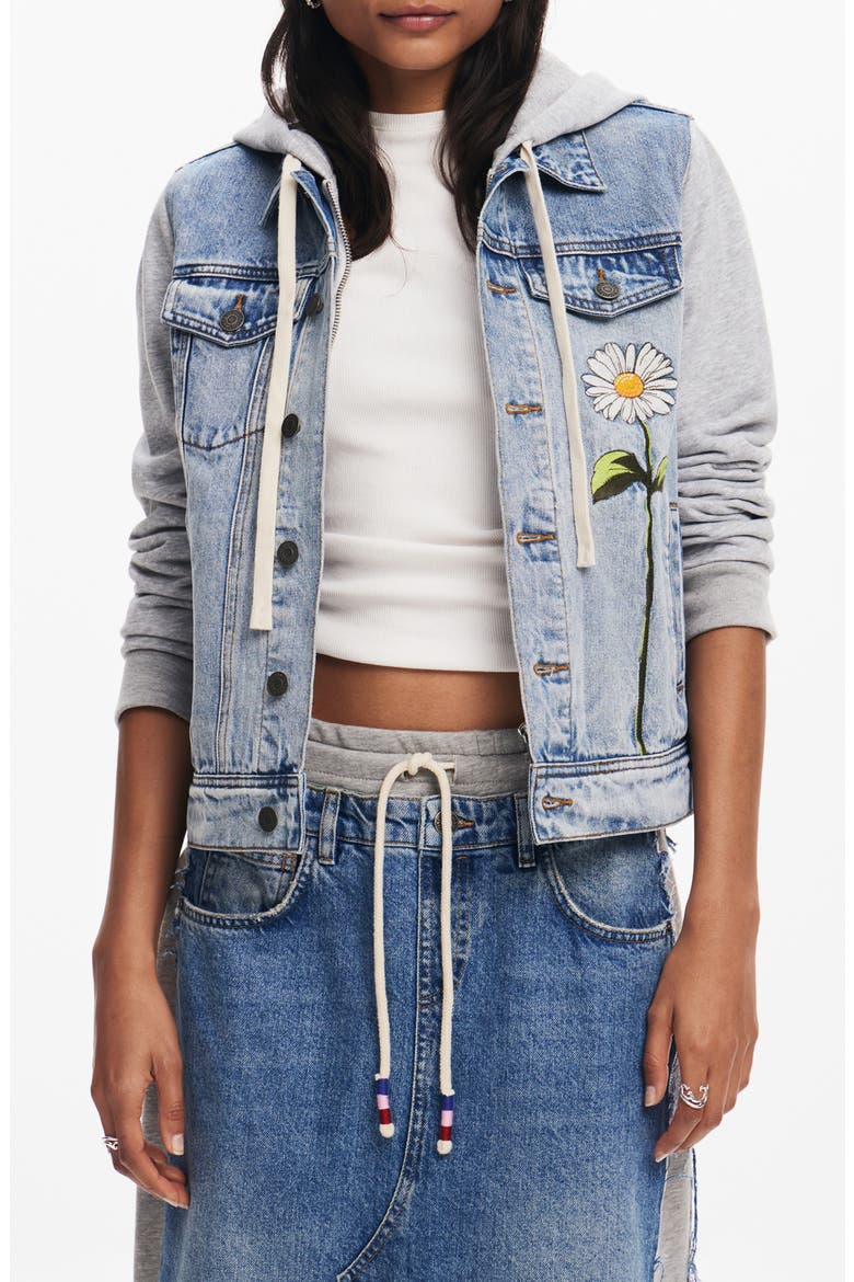 Mixed Media Denim & Cotton Fleece Hoodie, Main, color, BLUE