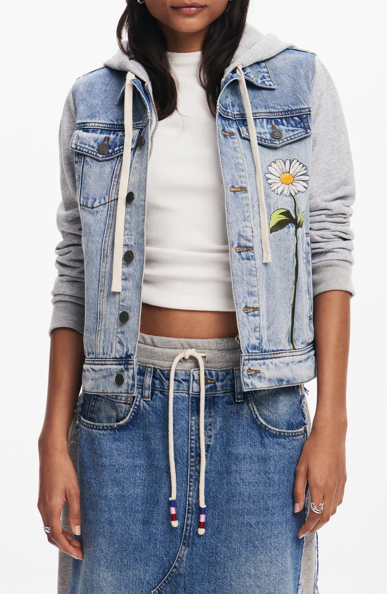 Desigual Mixed Media Denim & Cotton Fleece Hoodie, Main, color,