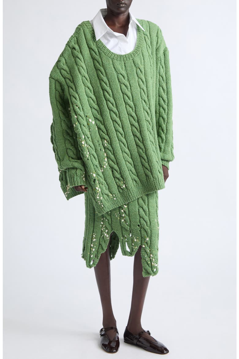 Distressed Wool Blend Cable Stitch Sweater Skirt, Main, color, LIGHT GREEN