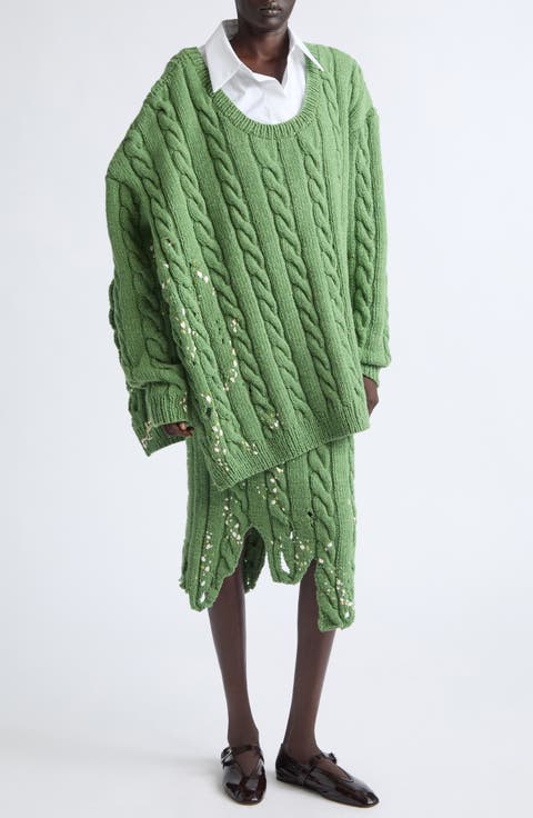 Distressed Wool Blend Cable Stitch Sweater Skirt
