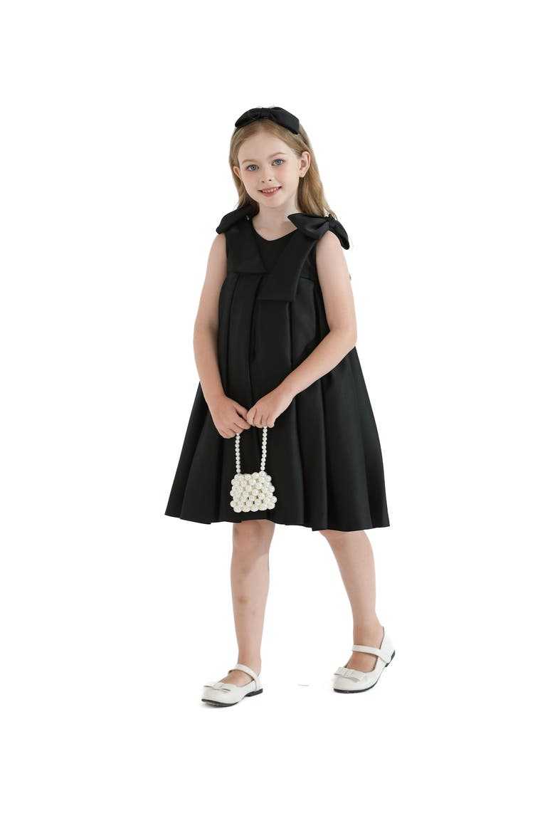 Palermo Satin Bow Pleated Dress, Alternate, color, Black