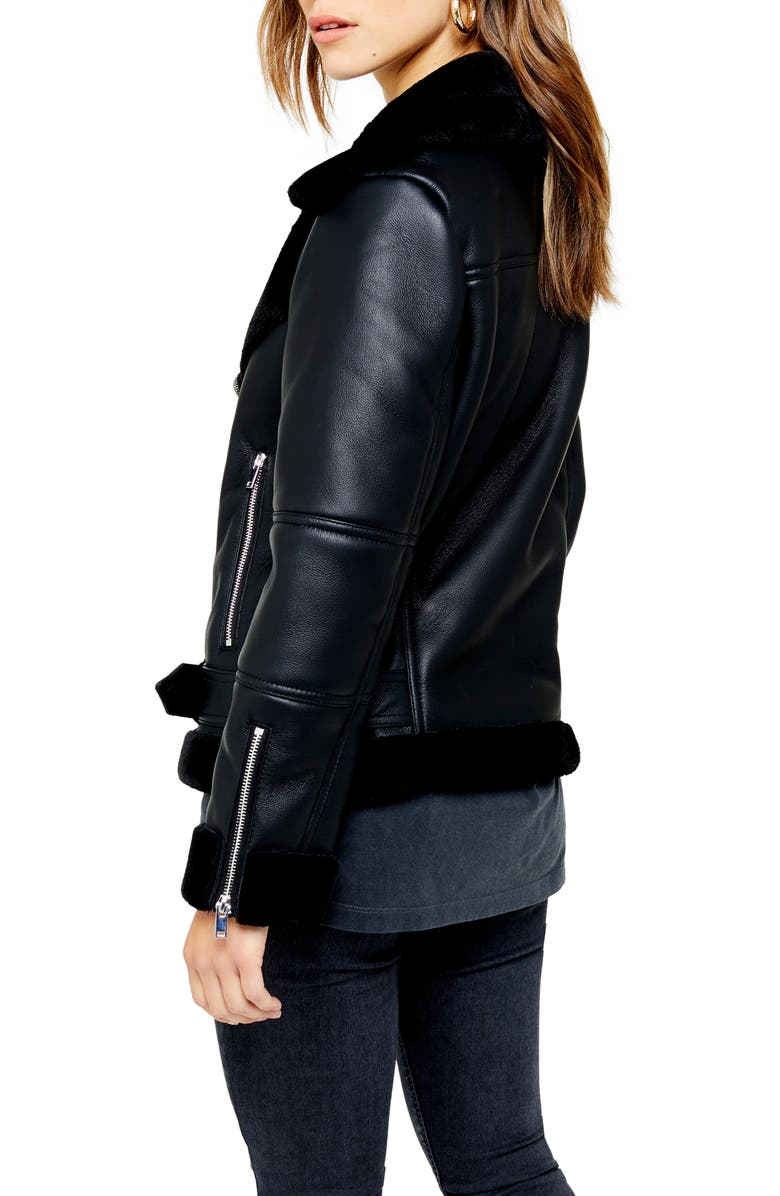 Topshop Cora Faux Shearling Biker Jacket, Alternate, color, 