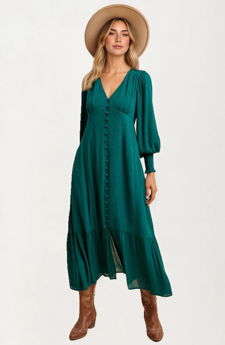 Knit and Lounge Button Front Puff Sleeve Maxi Dress, Alternate, color, 