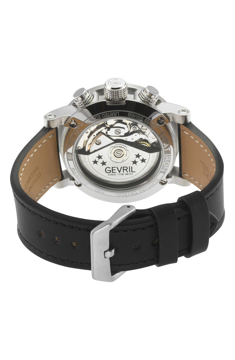 GEVRIL Flat Iron Limited Edition Leather Strap Automatic Chronograph Watch, 42mm, Alternate, color, Black