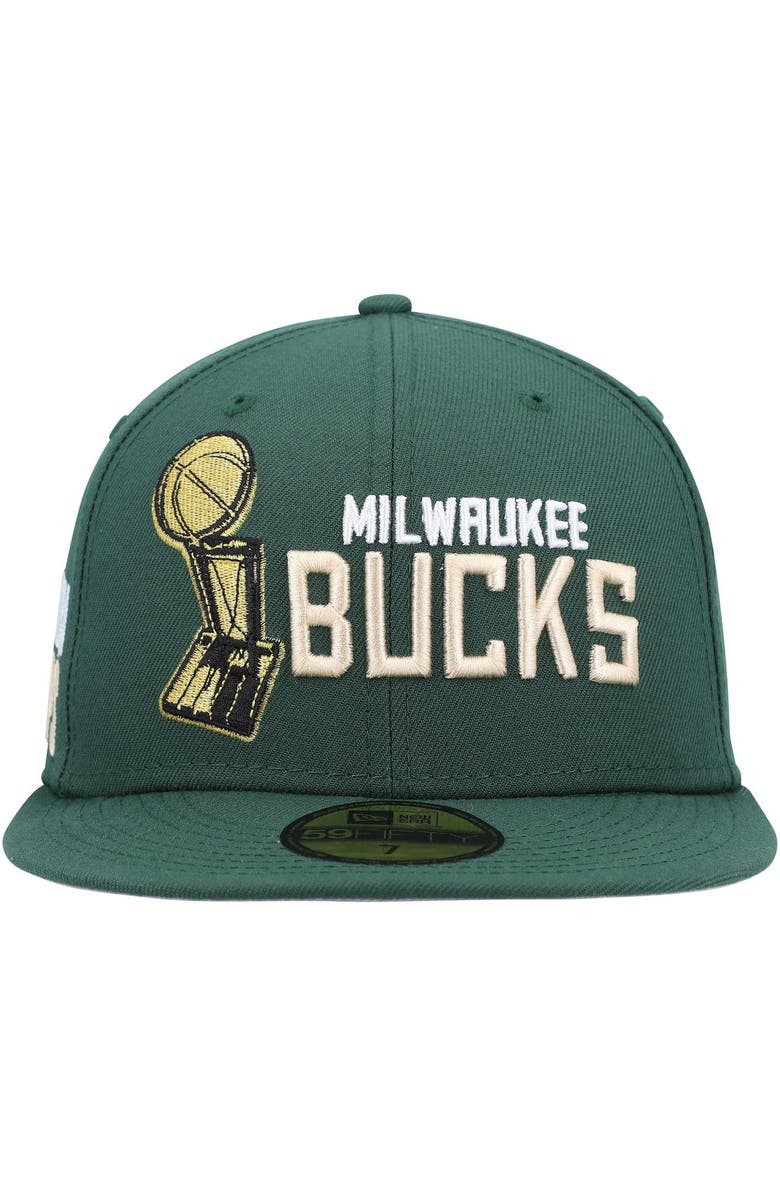 New Era Men's New Era Hunter Green Milwaukee Bucks Champs Trophy 59FIFTY Fitted Hat, Alternate, color,
