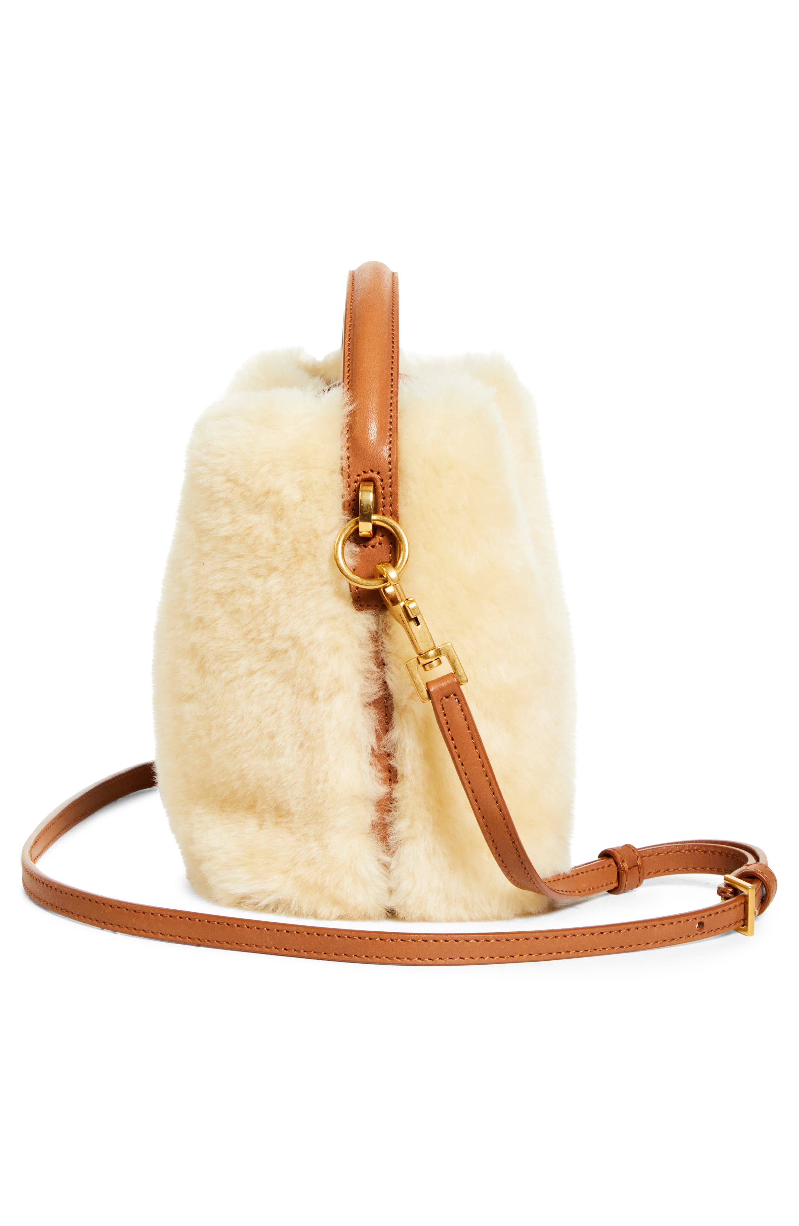 Saint Laurent Mini Le 37 Genuine Shearling Bucket Bag, Alternate, color, Cream Beige/ Brick
