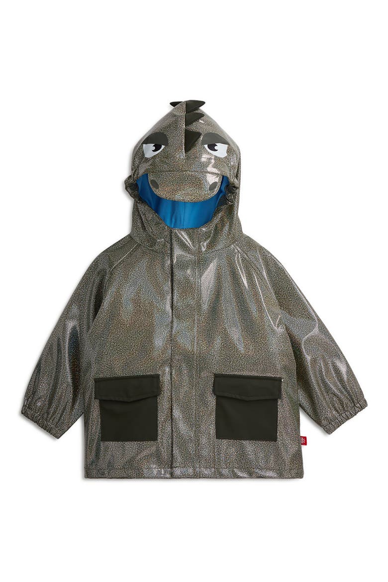 Kids' Dino Sparkle Water Resistant Hooded Raincoat, Main, color, GREEN