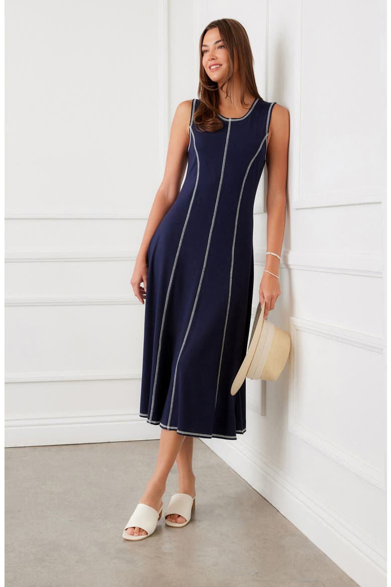 Contrast Stitch Sleeveless Midi Dress, Alternate, color, NAVY