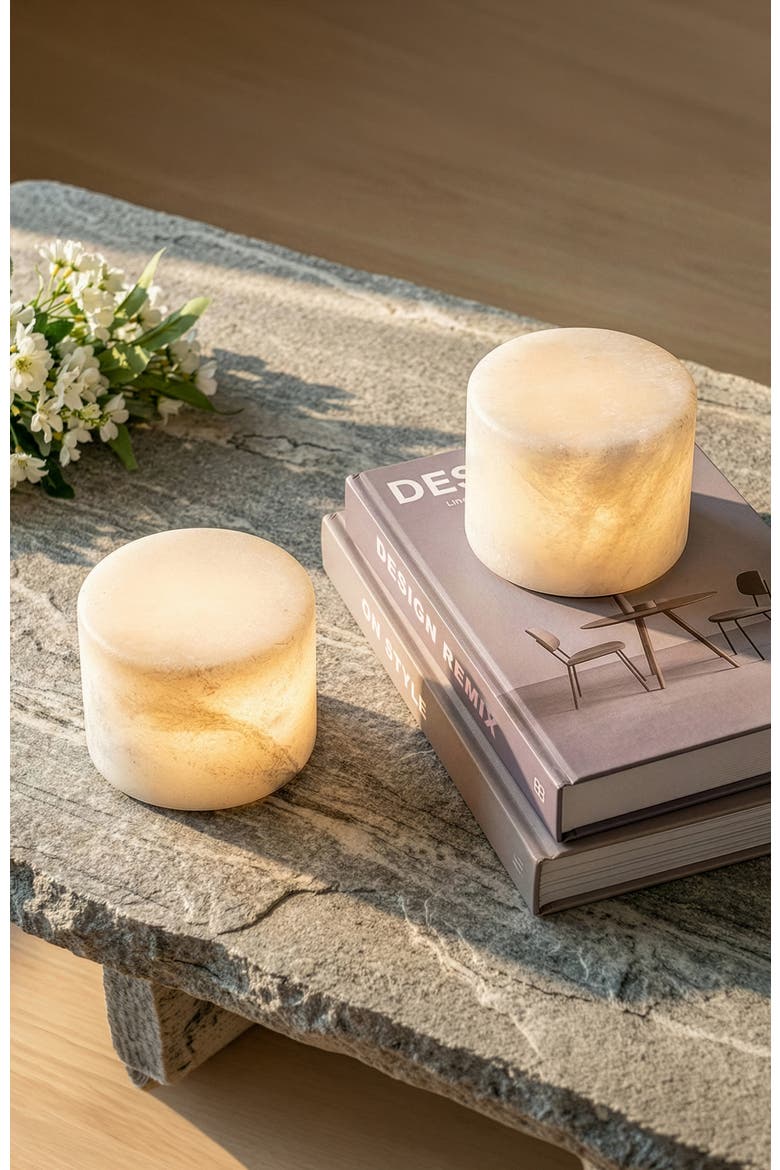 Rhea 2.4" Portable Mini LED Table Lamp Natural Alabaster Stone, Alternate, color, White