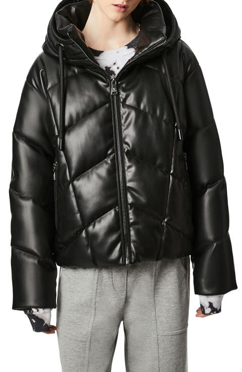 Faux Leather Hooded Puffer Coat