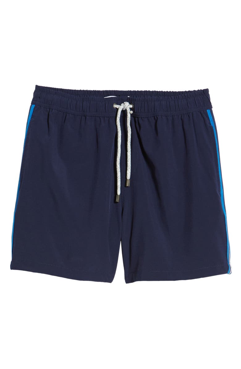 Vintage Summer Navy Side Stripe Swim Trunks, Alternate, color, 