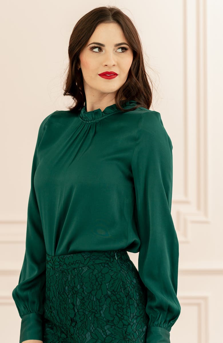 Rachel Parcell Ruffle Neck Satin Blouse, Alternate, color, 