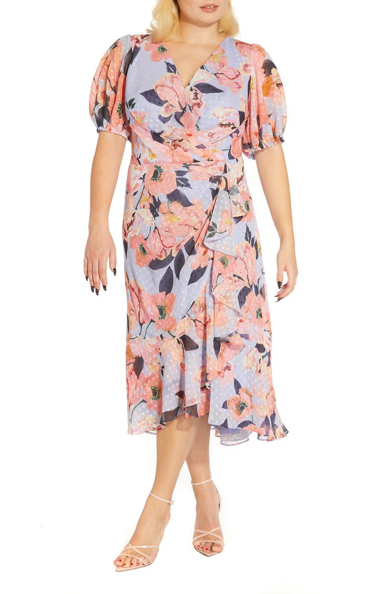 Adrianna Papell Floral Print Faux Wrap Chiffon Dress, Main, color,