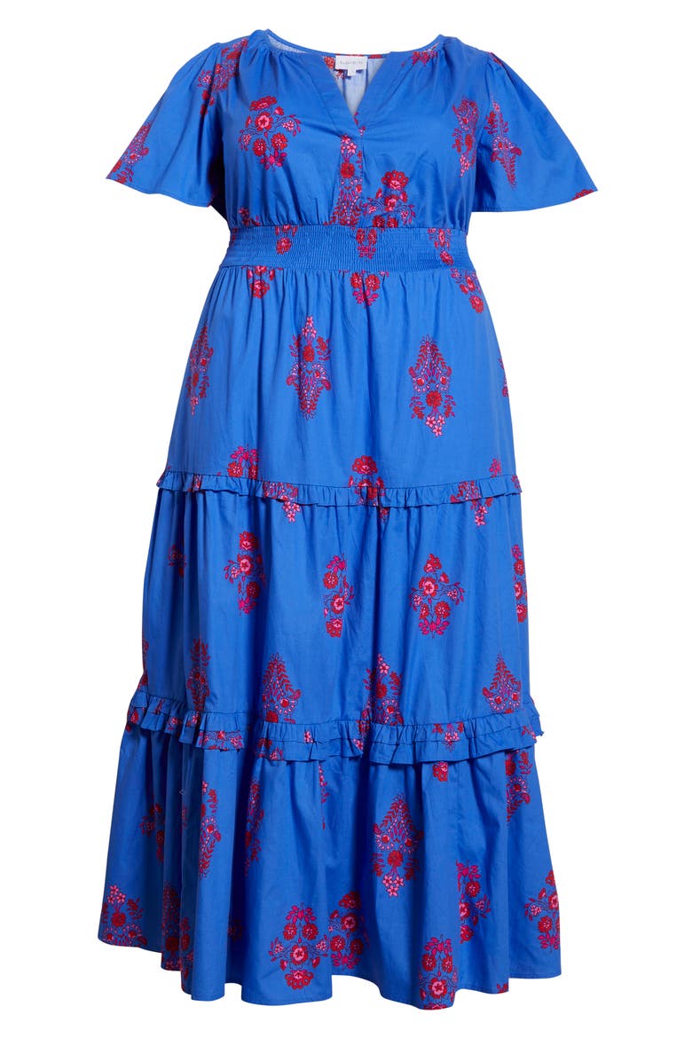 Shayna Floral Palmer Tiered Cotton Poplin Maxi Dress, Alternate, color, BLUE/ PINKS