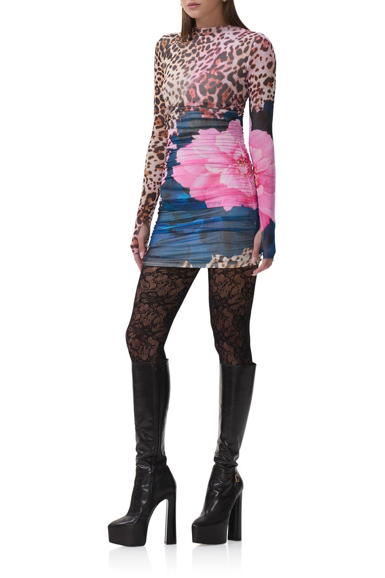 Darcie Print Long Sleeve Mesh Minidress, Alternate, color, ANIMAL BLOCK PEONY
