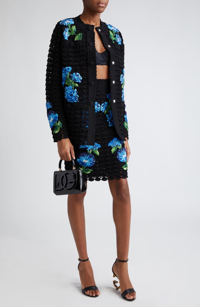 Dolce&Gabbana Bluebell Floral Embroidered Crochet Skirt, Alternate, color, N0000nero