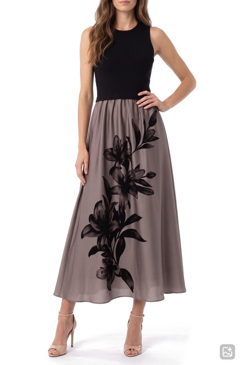 Ribbed Bodice Satin Midi Dress, Main, color, BLACK HISTORIC MARTR
