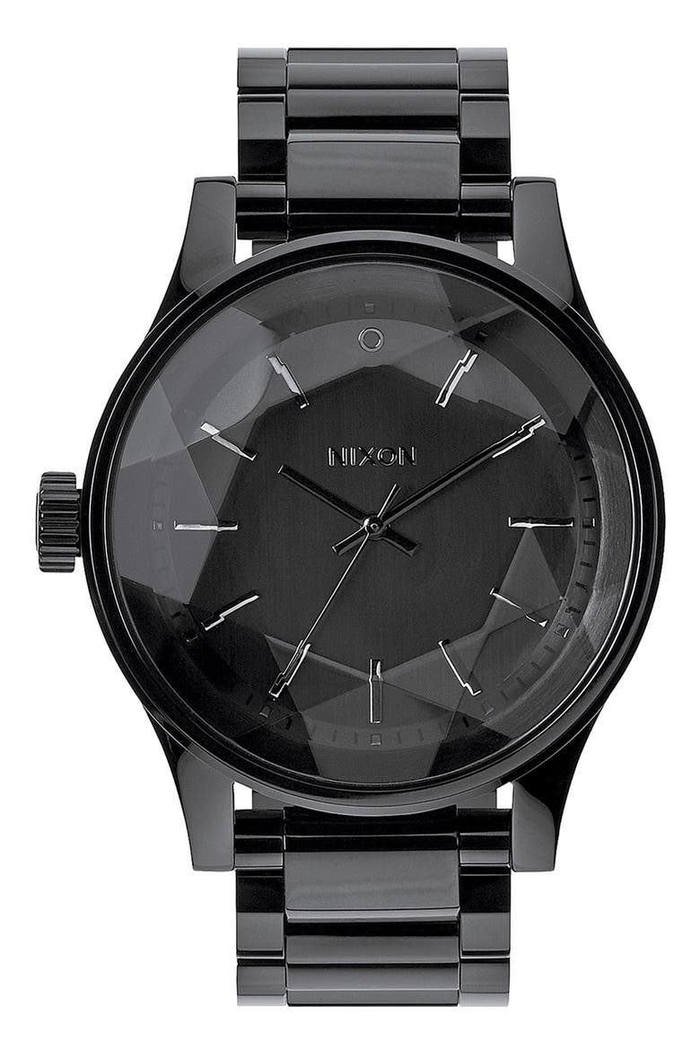 'The Facet' Round Bracelet Watch, 42mm, Main, color, ALL BLACK