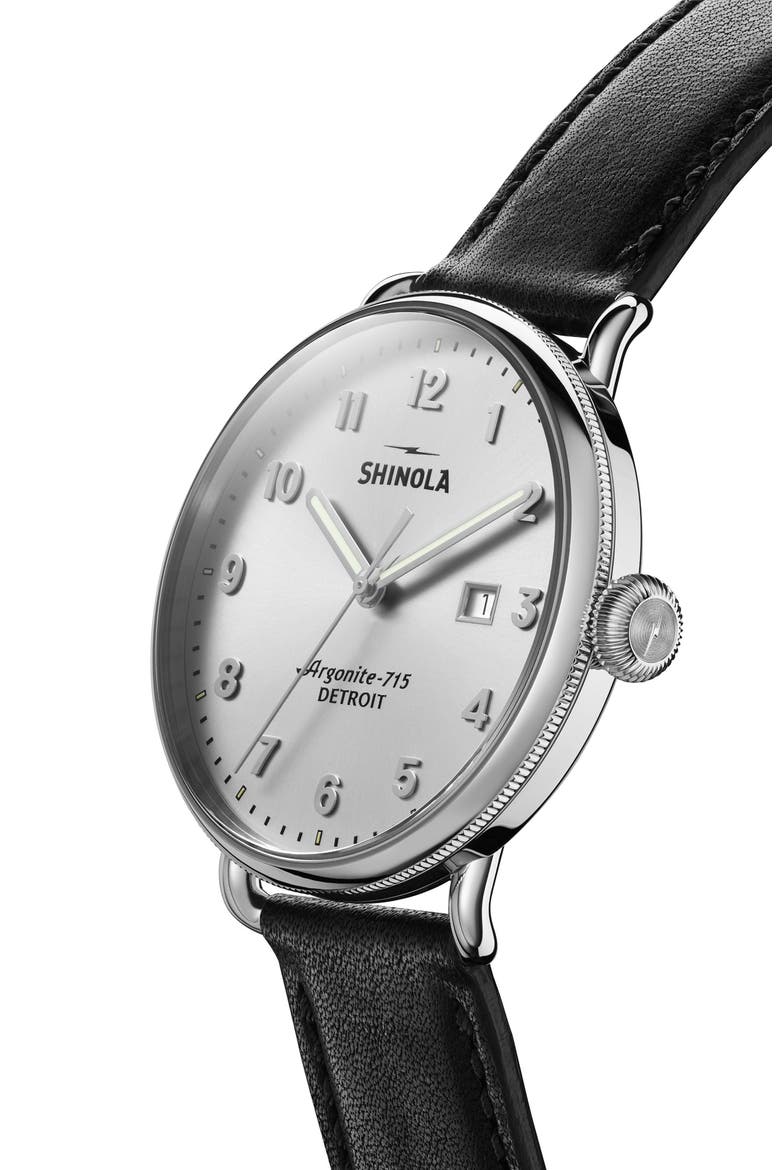 The Canfield Leather Strap Watch, 43mm, Alternate, color, SILVER