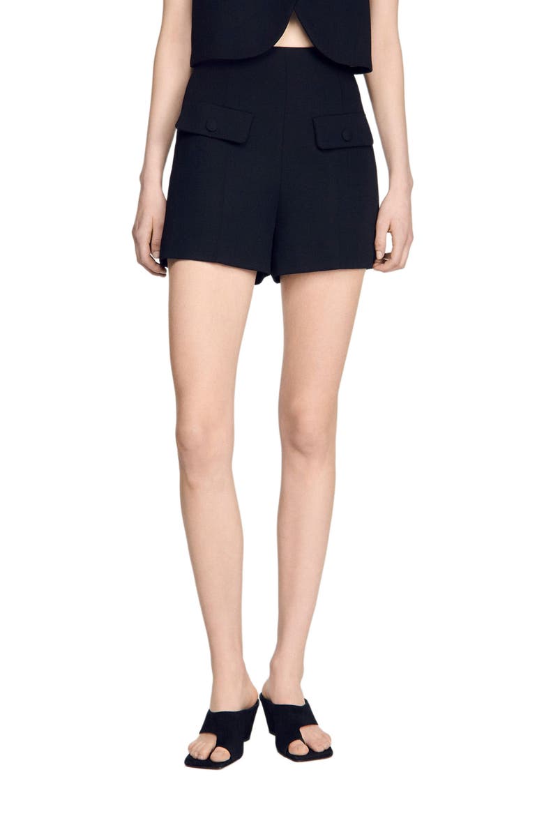 High-waisted wool shorts, Alternate, color, Black