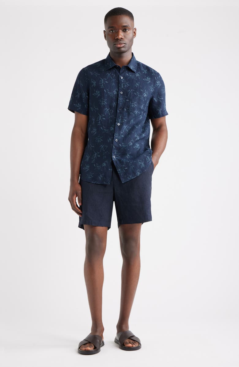 Nordstrom Leaf Print Short Sleeve Linen Button-Up Shirt, Alternate, color, Navy Washed Leaves