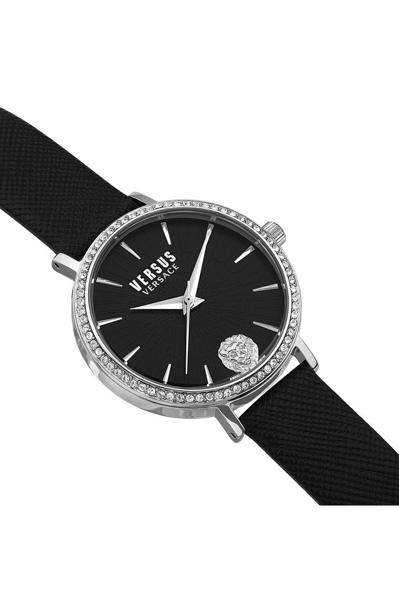 VERSUS Versace Mar Vista Three-Hand Quartz Swarovski Pavé Leather Strap Watch, 34mm, Alternate, color, Stainless Steel