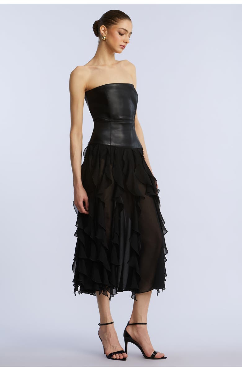 BCBGMAXAZRIA Leather Chiffon Dress, Alternate, color, Black