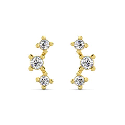 1/5Ct TW 3-Stone Diamond Crawler Earrings 14k Gold Studs Lab Grown 1/3" Tall