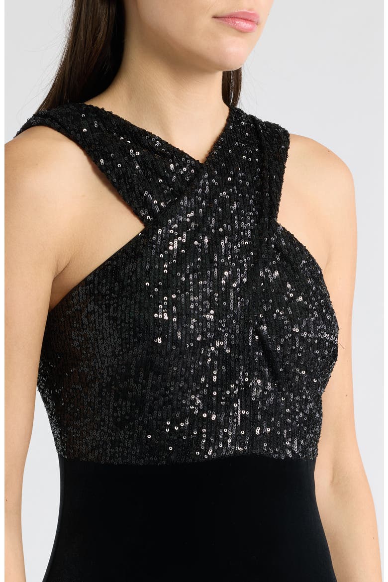 Sequin Cross Neck Mixed Media Gown, Alternate, color, BLACK