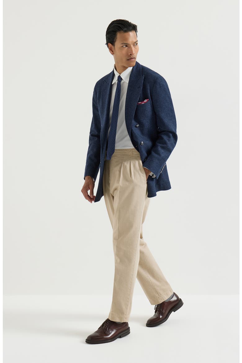 Cotton chevron trousers with double pleats and waist tabs, Alternate, color, Navy Blue