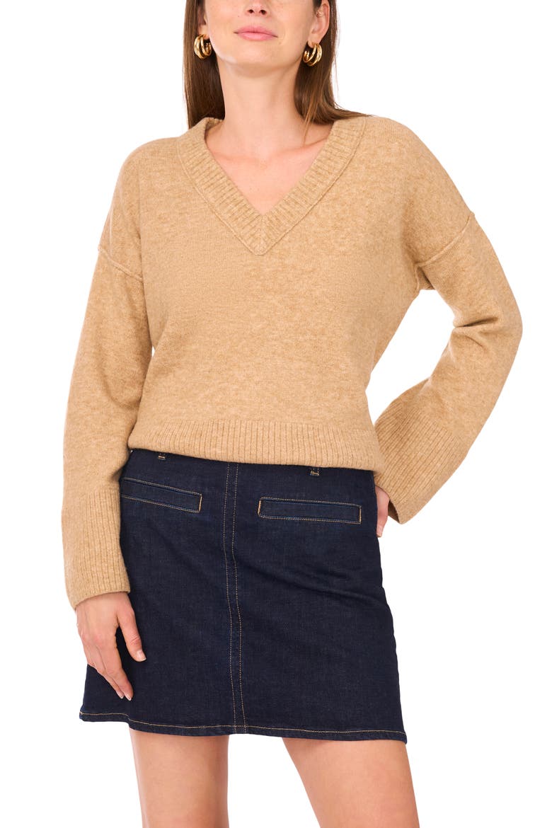 High-Low V-Neck Sweater, Alternate, color, LATTE HEATHER