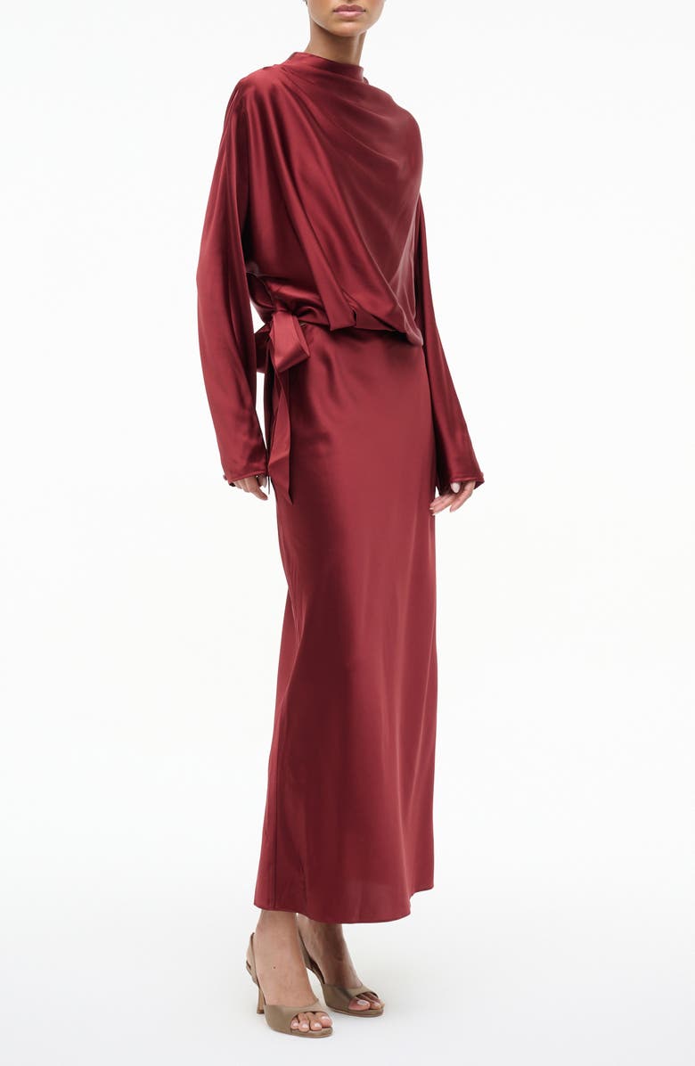 STAUD Phoebe Long Sleeve Stretch Silk Dress, Alternate, color, Sangria