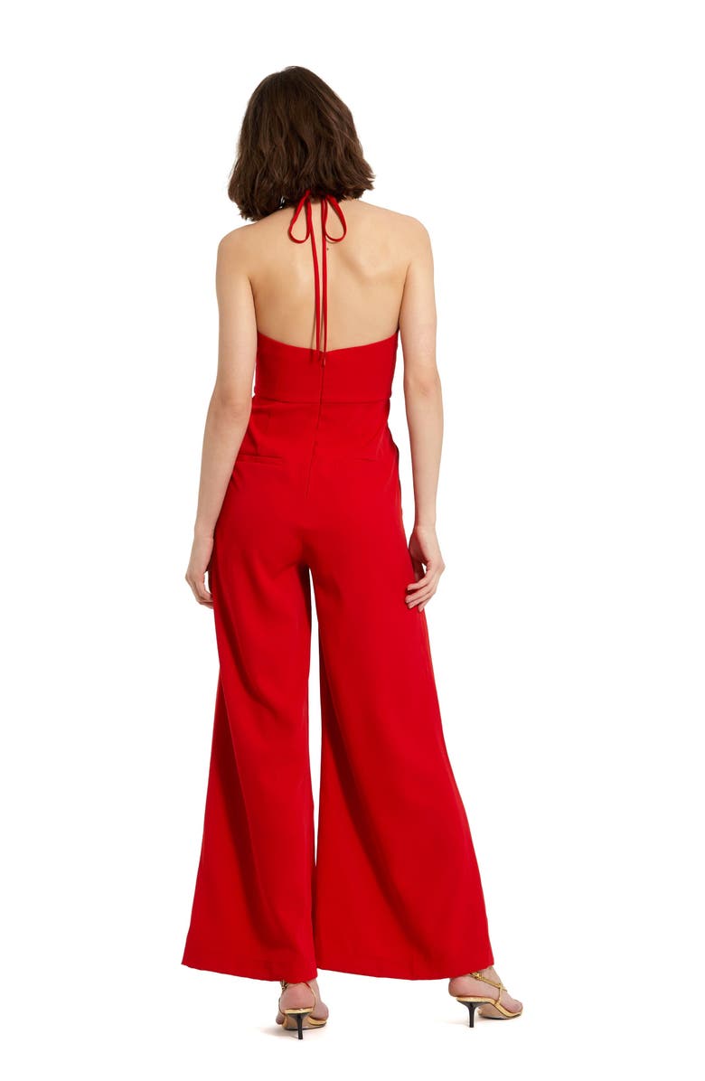 Mac Duggal Crepe Halter Neck Flower Detail Jumpsuit, Alternate, color, Cherry