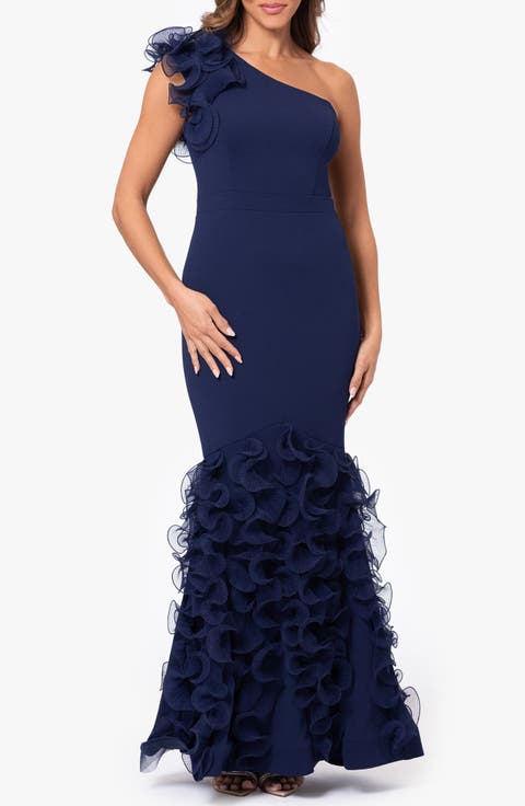 Wire Ruffle Detail One-Shoulder Scuba Crepe Gown