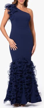 Xscape Evenings Wire Ruffle Detail One-Shoulder Scuba Crepe Gown