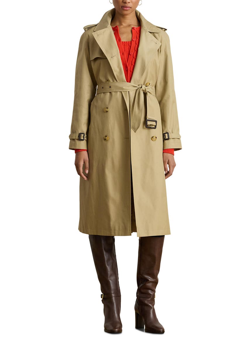 Double Breasted Cotton Blend Trench Coat, Main, color, SAND